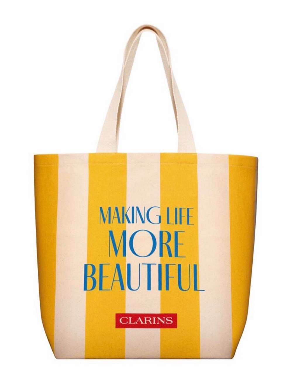 Clarins Yellow & Cream Striped Tote with Blue Slogan and Red Logo